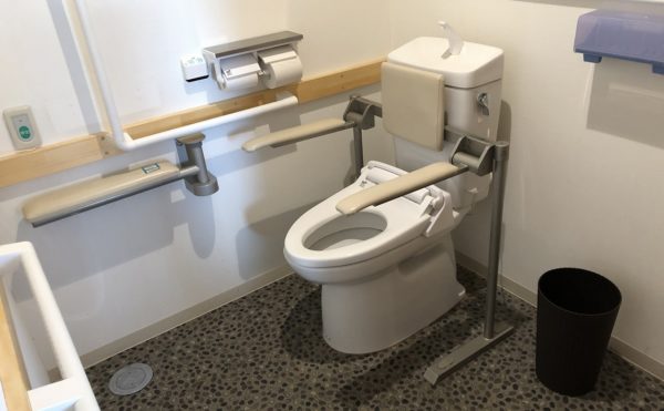 床のデザインを他のフロアと変更する事によりトイレであることが分かりやすく表現されている。手すりも両手側にあり安心